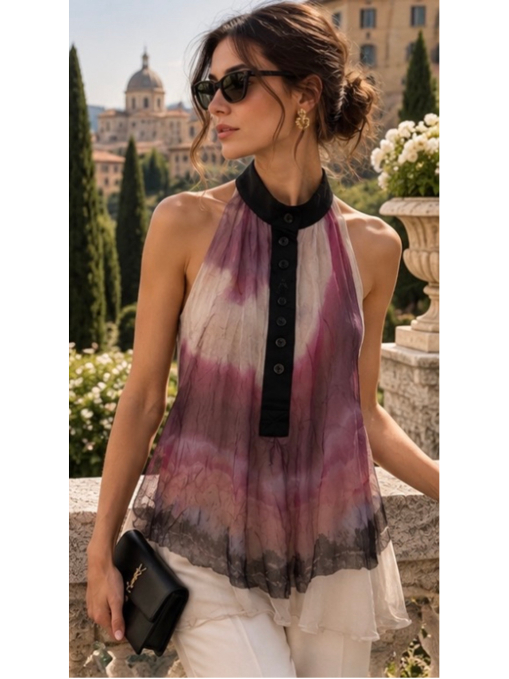 Etro Silk Halter Blouse Size 8 Beige Purple Tie-Dye New Italian Luxury
